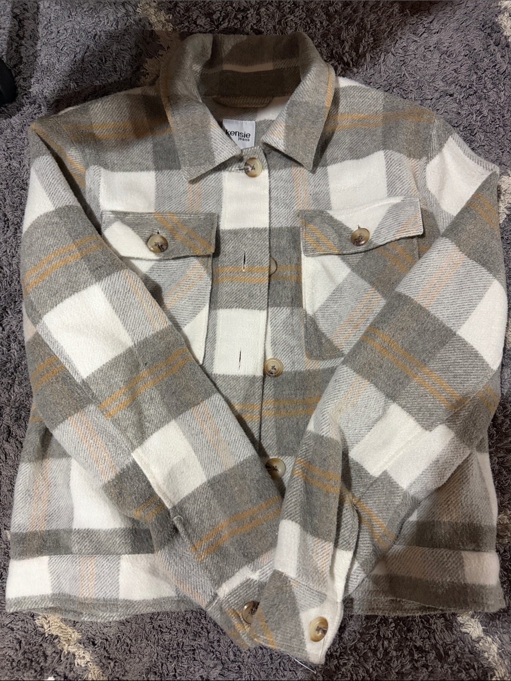 Kensie Plaid Shacket in Cream, Gray & Mustard